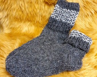 Warm hand knitted 100% pure natural sheep grey wool socks, walking boot socks, wellington boot socks, slipper socks P1