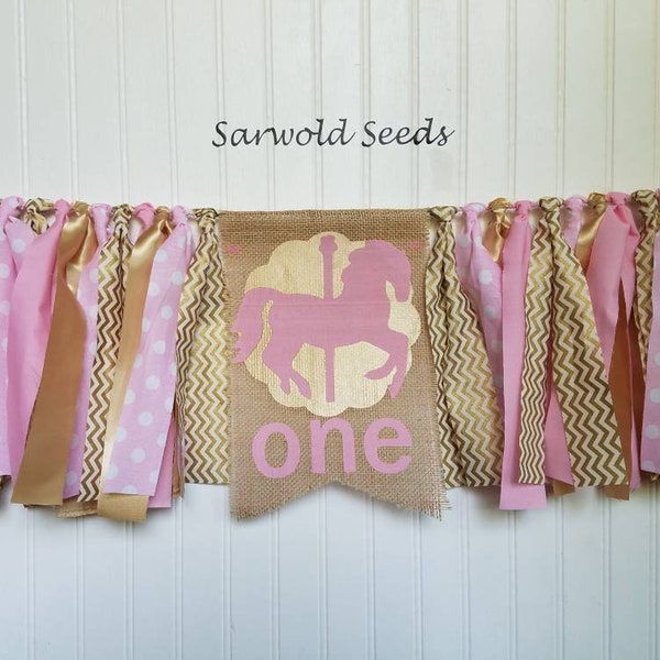 Pink, Gold, Carousel Horse, Fabric Banner,Burlap, Birthday, Cake Smash, Highchair, Photo Shoot, Age, Backdrop, Rag Tie