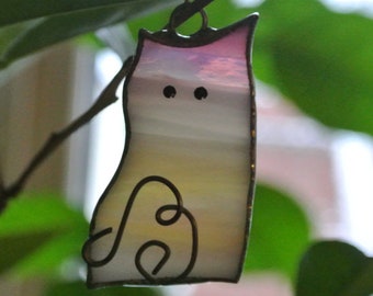 Personalized Cat Pendant, Necklace Custom, Pink Little cat suncatcher, Stained Glass cat, Real Personalized jewelry Window hanging cat decor