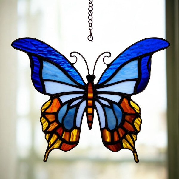 Blue Window hanging Butterfly Suncatcher Stained Glass Butterfly wall home art Nature outside Decoration Butterflies lover Insect lover gift