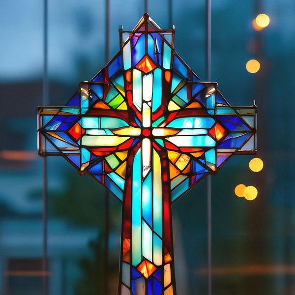 Buntglas-Kreuz, Sonnenfänger, religiöses Kreuz, blaugrünes Kreuz, Glaskunst, Kirche, christliches Geschenk, Taufdekoration, Erstkommunion, Konfirmation