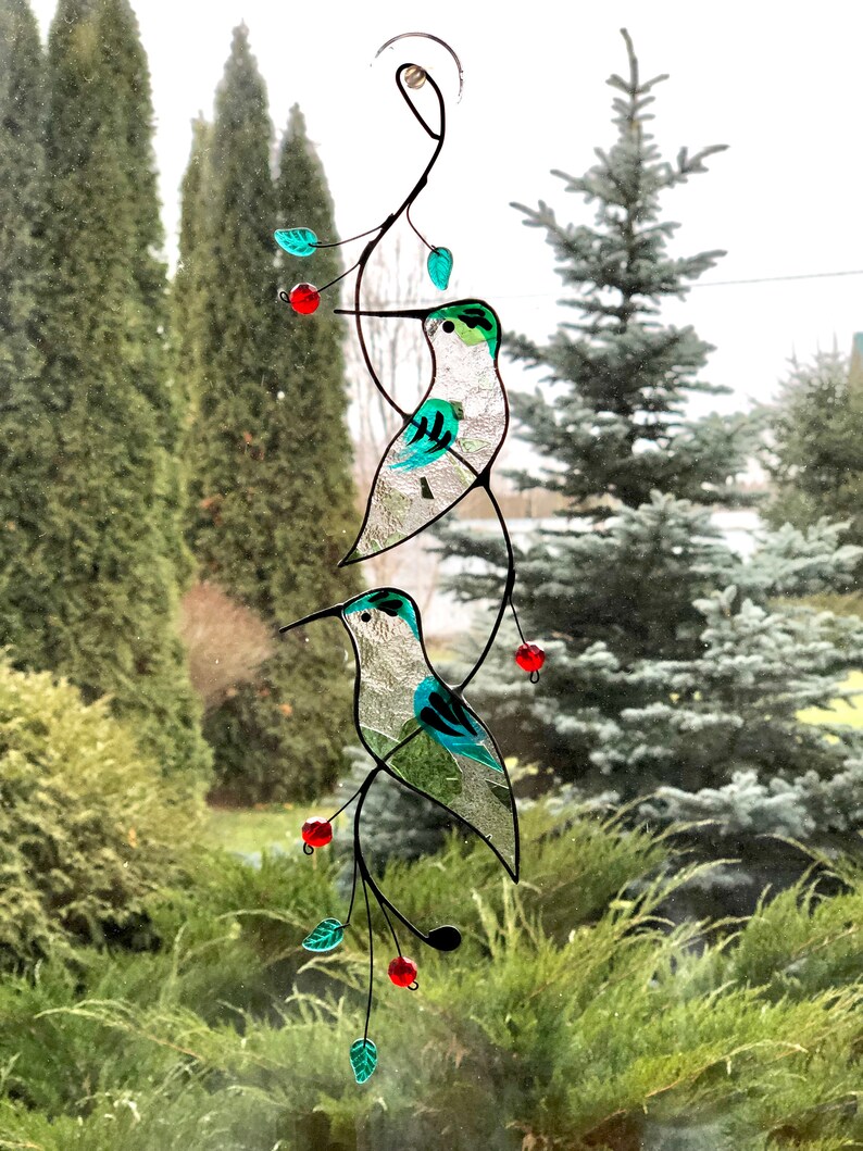 Hummingbird hanging stained glass Bird window ornament ...