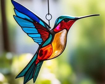 Stained glass Hummingbird suncatcher window hangings Home garden decor gift ideas for mom Custom Bird hummingbird enthusiast nature indoors