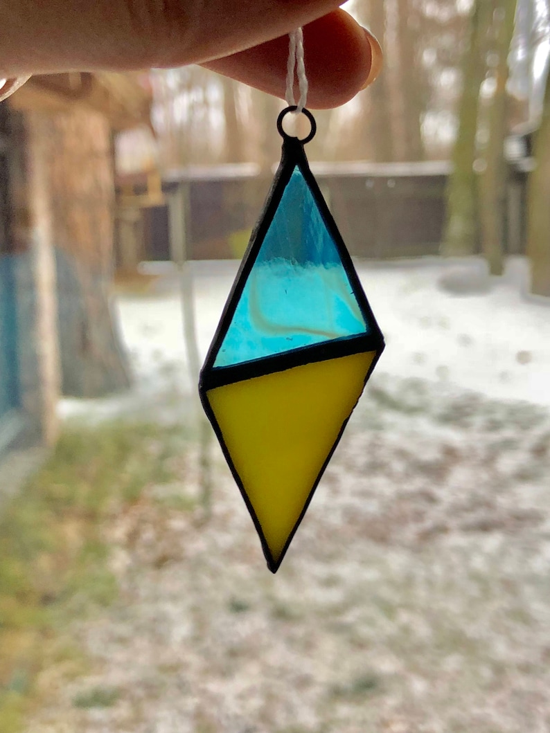 Stained Glass Pendnat Aqua Stained Glass Necklace Rhomb Stained Glass window art Suncatcher window Design Handcrafted Glass Sun Catcher