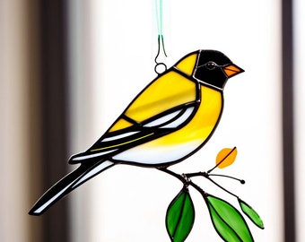 Puttertje vogel hangend glas in lood Vogel raam of muur Gedraaide gele vogel hangend Suncatcher groene vogel kunst Raamdecoratie Natuurliefhebber