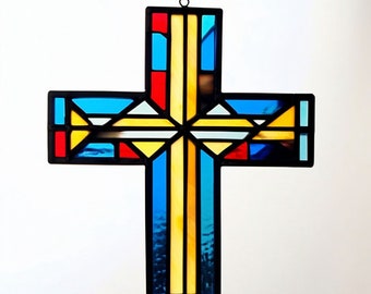 Buntglas-Kreuz, Sonnenfänger, religiöses Kreuz, blaugrünes Kreuz, Glaskunst, Kirche, christliches Geschenk, Taufdekoration, Erstkommunion, Konfirmation