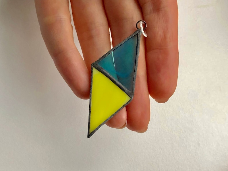 Stained Glass Pendnat Aqua Stained Glass Necklace Rhomb Stained Glass window art Suncatcher window Design Handcrafted Glass Sun Catcher