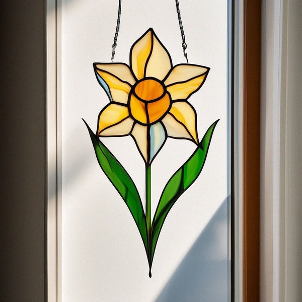 Décoration botanique narcisse encadré attrape-soleil avec fenêtre, art mural suspendu, décoration en verre, amoureux de la nature, cadeau jaune de Noël flore