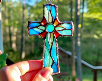 Stained Glass Cross Suncatcher Religious Cros Teal Cross Glass Art church Christian gift Christening decor First Holy Communion Confirmation