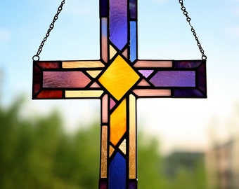 Stained Glass Cross Suncatcher Religious Cros Teal Cross Glass Art church Christian gift Christening decor First Holy Communion Confirmation