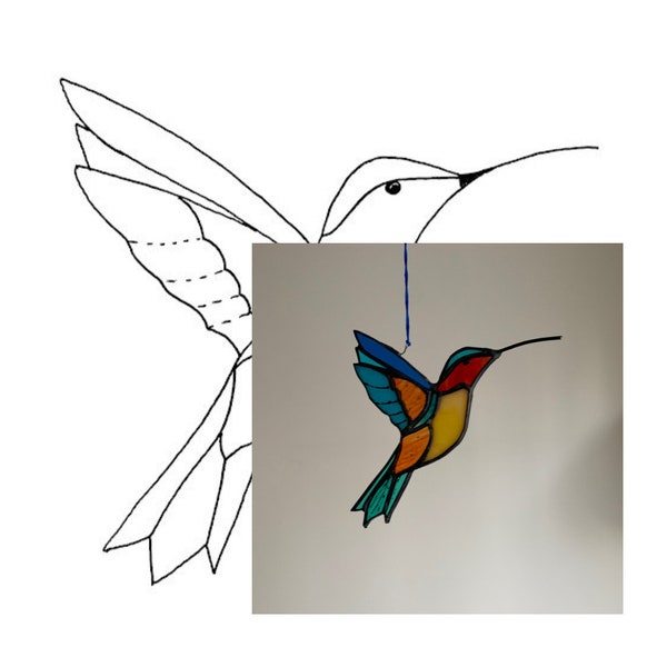 Pattern pdf file blue hummingbird suncatcher Stained Glass Pattern, printable glasswork pattern, digital download