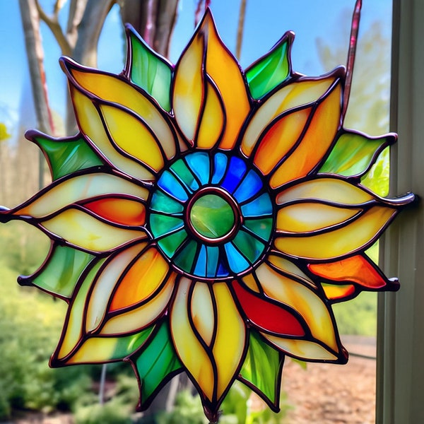 Round Panel Yellow Sunflower Suncatcher Stained Glass Tiffany Gift Home House Decor Window Wall Hangings Decoration Boho Nature Art Ornament