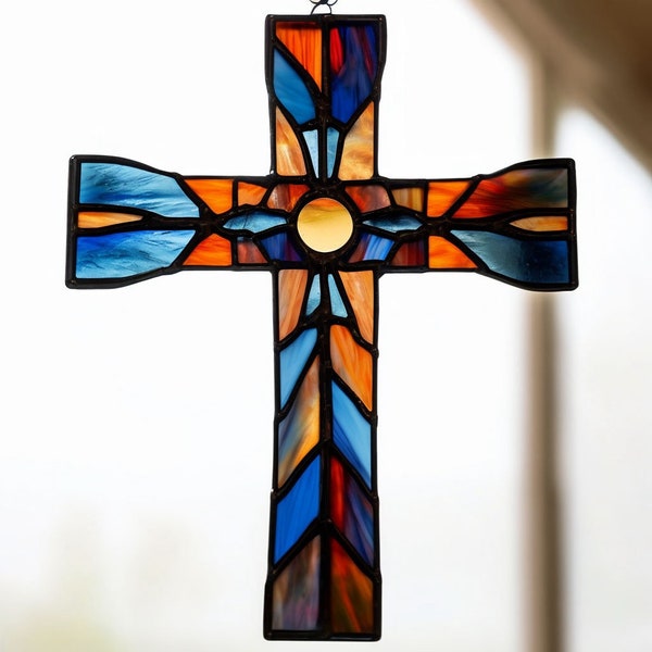 Attrape-soleil en forme de croix en vitrail Décoration pour fenêtre Cadeau religieux Cadeau pour la fête des Mères