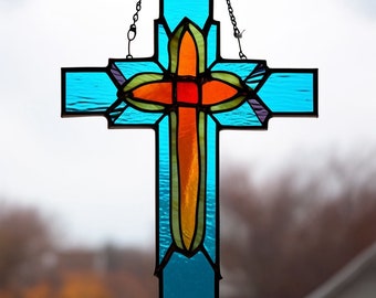 Glasmalerei Kreuz Suncatcher Religiöses Cros Teal Kreuz Glaskunst Kirche Christliches Geschenk Taufe Dekor Erstkommunion Konfirmation
