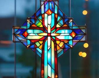 Stained Glass Cross Suncatcher Religious Cros Teal Cross Glass Art church Christian gift Christening decor First Holy Communion Confirmation