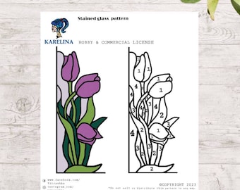 Flower tulip Digital Pattern pink tulips suncatcher Stained Glass garden art Printable Pattern nature gift Downloadable PDF Digital Pattern
