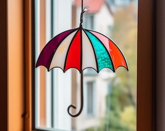 Goutte de pluie Vitrail parapluie Suncatcher Rainy Day Bumbershoot art unique en son genre arc-en-ciel suspendu unique cadeau de bien-être décoration moderne