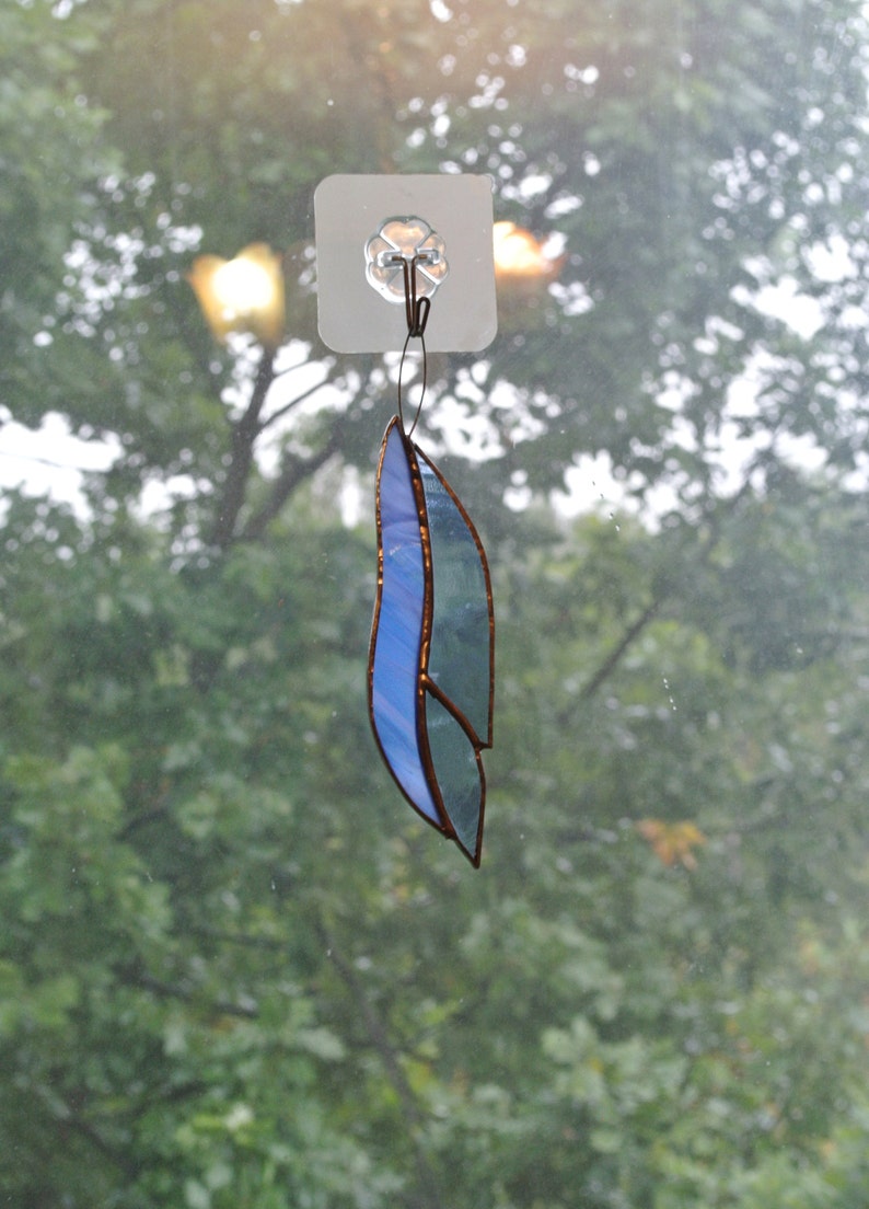 Blue Jay Feather Stained Glass Bird Window Hanging Decor Etsy
