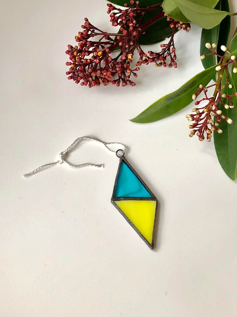 Stained Glass Pendnat Aqua Stained Glass Necklace Rhomb Stained Glass window art Suncatcher window Design Handcrafted Glass Sun Catcher