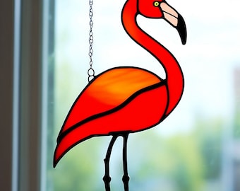 Red flamingo bird ornithologist art Stained Glass window hanging Suncatcher outdoor Decor Christmas bird lover memory art Glass small gift