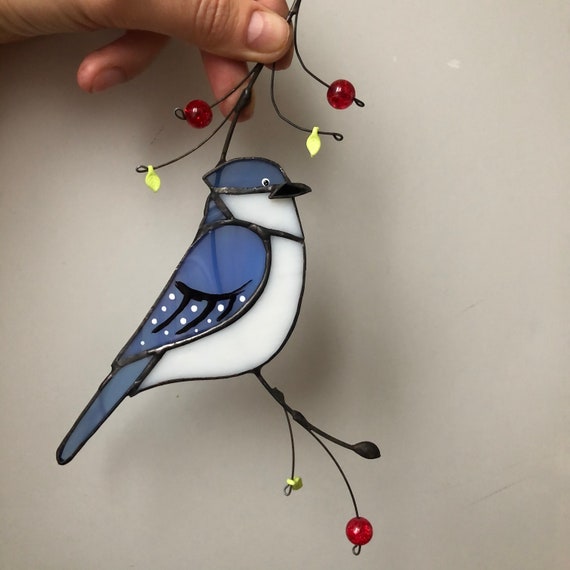 Blue Jay Bird Stained Glass Window Hangings Suncatcher Custom Hanging Bird Feeder Decor Blue Jay Art Custom Stained Glass Birdnew Job Gift Outdoor Gardening Garden Decoration Vadel Com