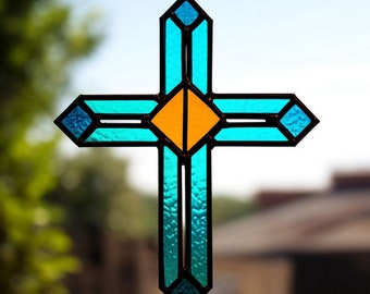 Glasmalerei Kreuz Suncatcher Religiöses Cros Teal Kreuz Glaskunst Kirche Christliches Geschenk Taufe Dekor Erstkommunion Konfirmation