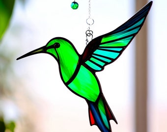 Stained glass Hummingbird suncatcher window hangings Home and garden decor Mother's Day gift Nature lover gift Bird summer flower pot art