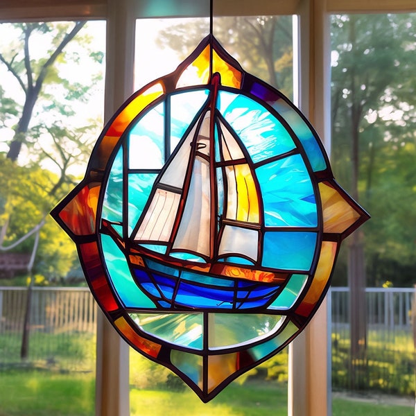 Stained glass blue origami boat suncatcher Geometric window hanging window wall art Christmas tree decoration gift Decor glass ornament sea