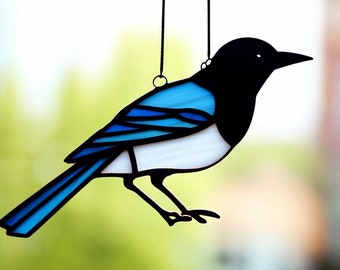 Magpies Art Bird Home Decor Housewarming Gift Stained Glass magpie window hanging Suncatcher garden Wedding Christmas gift Magpie ornament