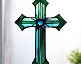 Stained Glass Cross Suncatcher Religious Cros Teal Cross Glass Art church Christian gift Christening decor First Holy Communion Confirmation