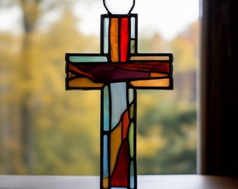 Glasmalerei Kreuz Suncatcher Religiöses Cros Teal Kreuz Glaskunst Kirche Christliches Geschenk Taufe Dekor Erstkommunion Konfirmation