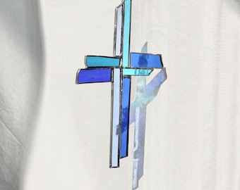 Stained Glass Cross Suncatcher Religious Cros Teal Cross Glass Art church Christian gift Christening decor First Holy Communion Confirmation