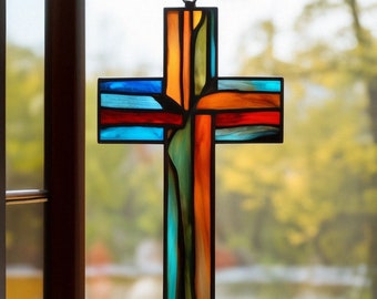 Stained Glass Cross Suncatcher Religious Cros Teal Cross Glass Art church Christian gift Christening decor First Holy Communion Confirmation