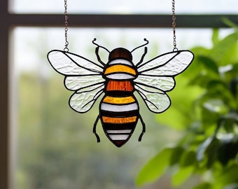 Stained Glass Busy Bumble Bee Suncatcher Honeybee Manchester bee Gardeners gift Yellow jacket Birthday present Tree decor Flower sweet bee