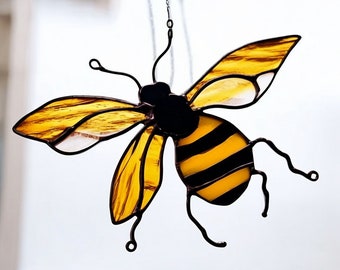 Stained Glass Busy Bumble Bee Suncatcher Honeybee Manchester bee Gardeners gift Yellow jacket Birthday present Tree decor Flower sweet bee