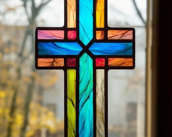 Stained Glass Cross Suncatcher Religious Cros Teal Cross Glass Art church Christian gift Christening decor First Holy Communion Confirmation