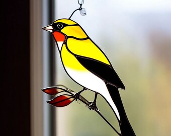 Puttertje vogel hangend glas in lood Vogel raam of muur Gedraaide gele vogel hangend Suncatcher groene vogel kunst Raamdecoratie Natuurliefhebber