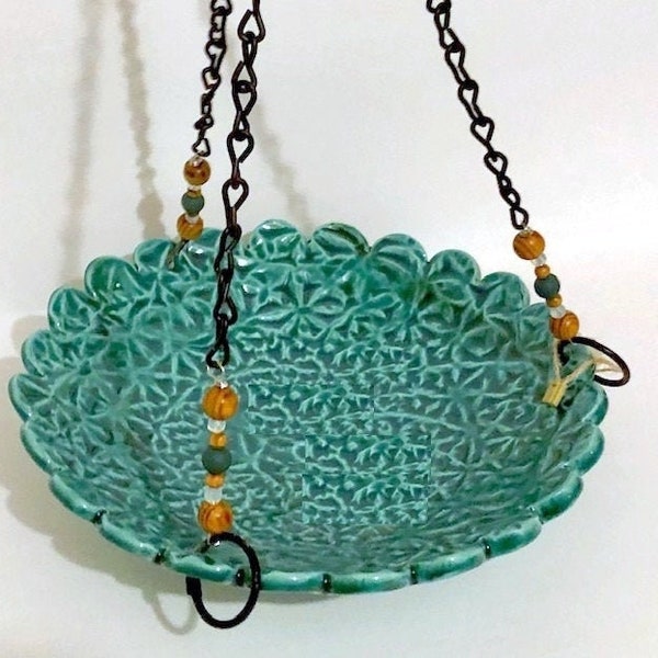 One-of-kind Hanging Pottery Bird Bath Bird-feeder / Feeder. 9” round Turquoise texture pattern and Natural Wood beads