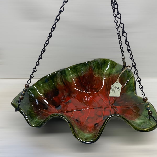 One-of-a-Kind Hanging Pottery Caladium Leaf Bird Bath/Feeder-Custom Made from Garden Leaves.