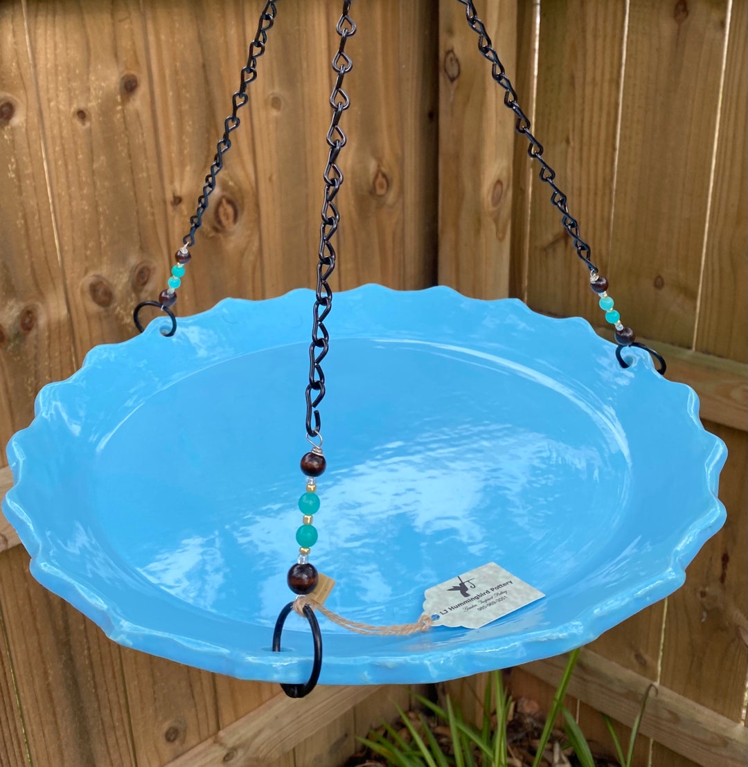 Handcrafted Hanging Pottery Birdfeeder water Dish. Sky Blue With Blue