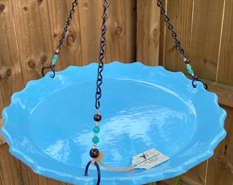 Handcrafted Hanging Pottery Bird-feeder -Water dish. Sky Blue with blue beads. 14” round.