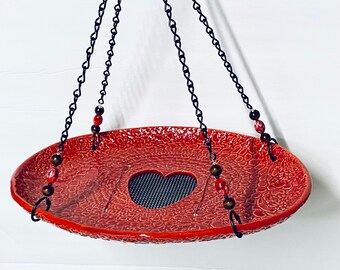 Handcrafted Pottery Birdfeeder: Heart Design, Beaded Chain