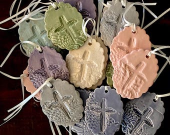 Handmade Ceramic Cross Ornament • Pastel Pottery Christian Gift • Baptism, Memorial, Confirmation