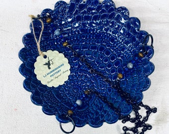 One-of-kind Hanging Pottery Bird Bath Bird-feeder/Feeder 9” round Cobalt Blue texture pattern and beads