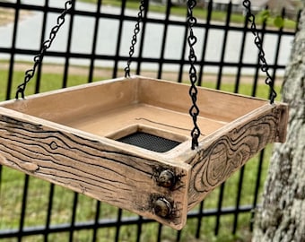 Unique Hanging Pottery Bird feeder. Platform with drain screen.  Great Christmas Gift. Faux wood design.