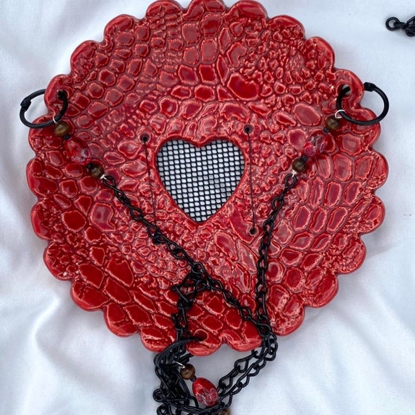 Hanging Bird Feeder. Hand built Textured and scalloped. Heart cutout with original design mesh screen for rainwater drain.  Choice of color