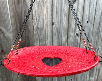 One-of-a-kind Platform Pottery Birdfeeder Original heart design mesh screen for Drainage. Perfect gift for the Garden Lover