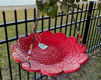 Handcrafted Red Pottery Bird feeder /Bird Bath - Red textured with Red and white beads