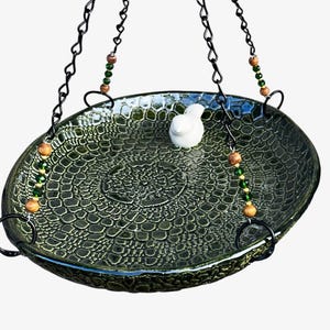 Handmade Textured Green Pottery Platform Bird Feeder with White bird – 14” x 9” oval  Unique Garden