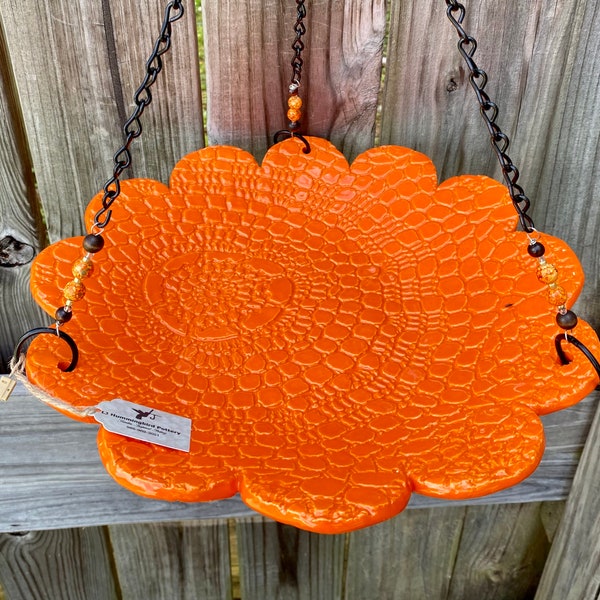 Pottery Bird Bath Great Gift For the Bird Lovers One-of-kind Hanging 12” round Orange Texture pattern